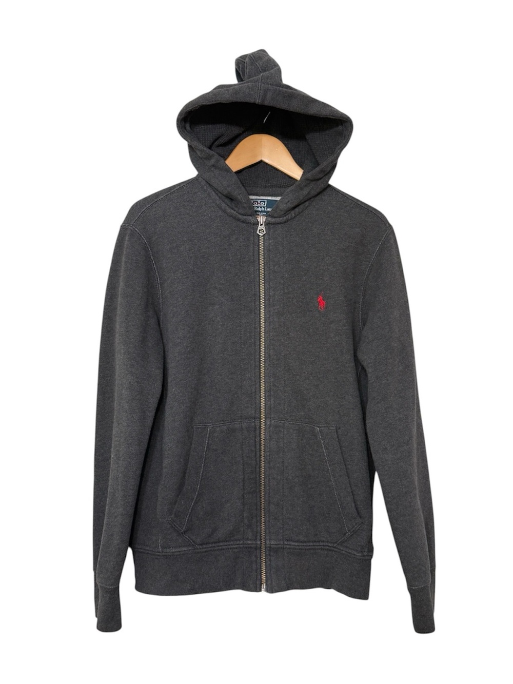 VTG Polo Ralph Lauren Full Zip Hoodie Sweatshirt Y2K Charcoal w/ Red Pony Mens M